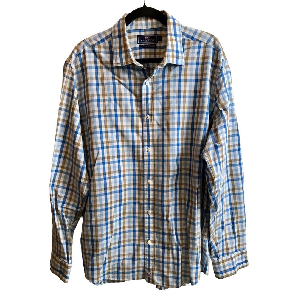 Vineyard Vines Classic Fit Cooper Shirt Men's XL | Short Sleeve Plaid |Blue Tan